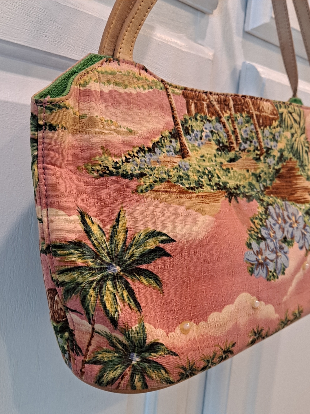 Fossil Forever Vintage 90s Pink Tropical Print Shoulder Bag W/Tan Leather Straps - Picture 5 of 13